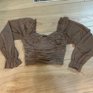 Forever 21 Brown Ruched Puff-Sleeve Crop Top
